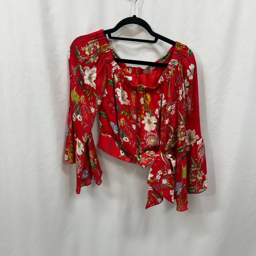 Parker Georgina Red Floral Long Sleeve Off Shoulder Top 100% Silk Blouse Small
